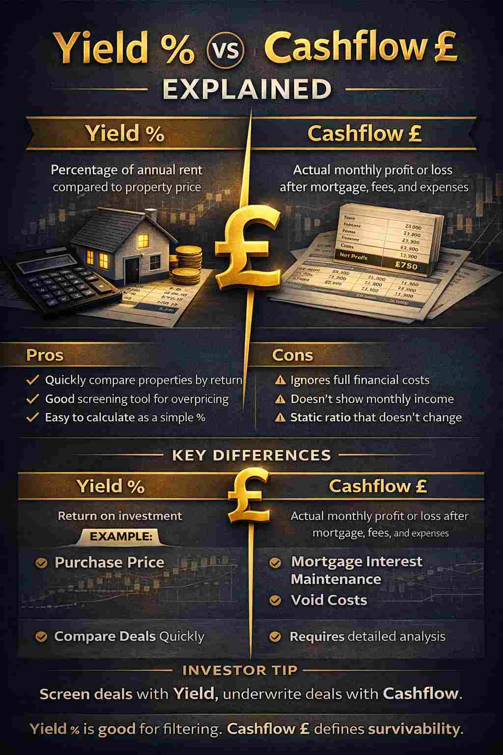 Yield vs cashflow infographic explaining the difference between rental yield percentage and monthly profit for UK buy-to-let investors.