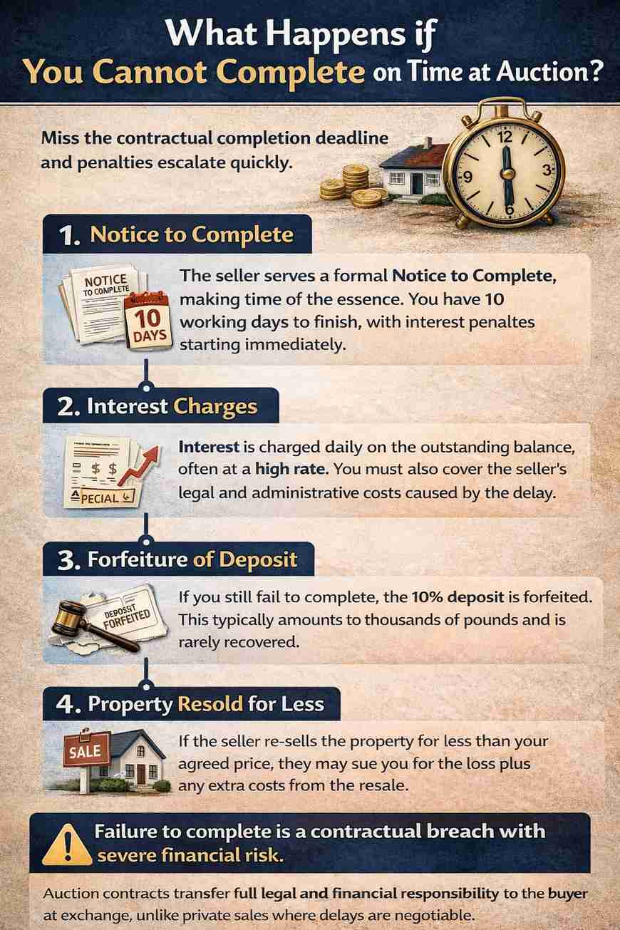 What happens if you cannot complete an auction property showing notice to complete, interest charges, deposit forfeiture and resale risk.