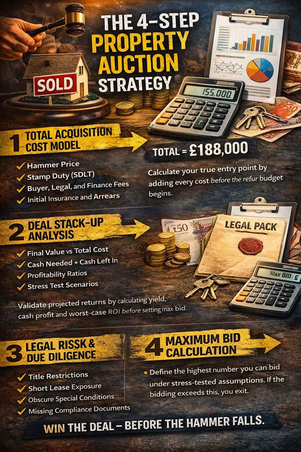 4 step property auction analysis UK infographic showing total acquisition cost model, deal stack up analysis, legal risk scoring and maximum bid calculation.