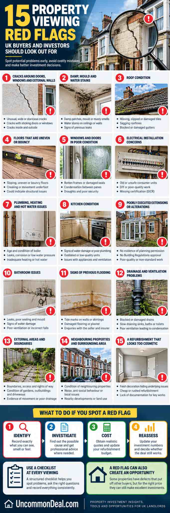 15 property viewing red flags UK buyers and investors should check, including cracks, damp, roof damage, electrics, drainage and flooding.